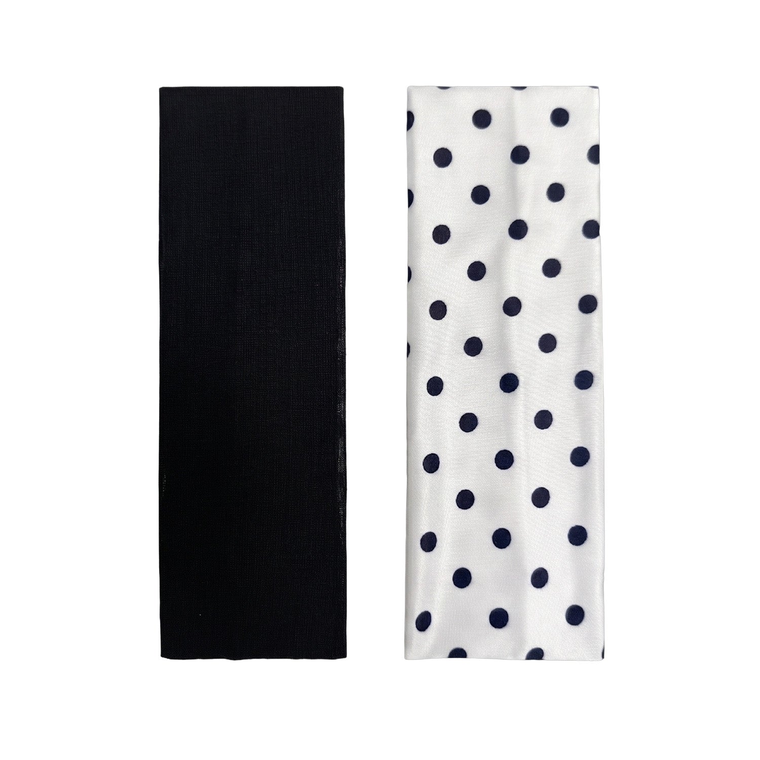 solid black headband and white headband with black polka dots on a white background