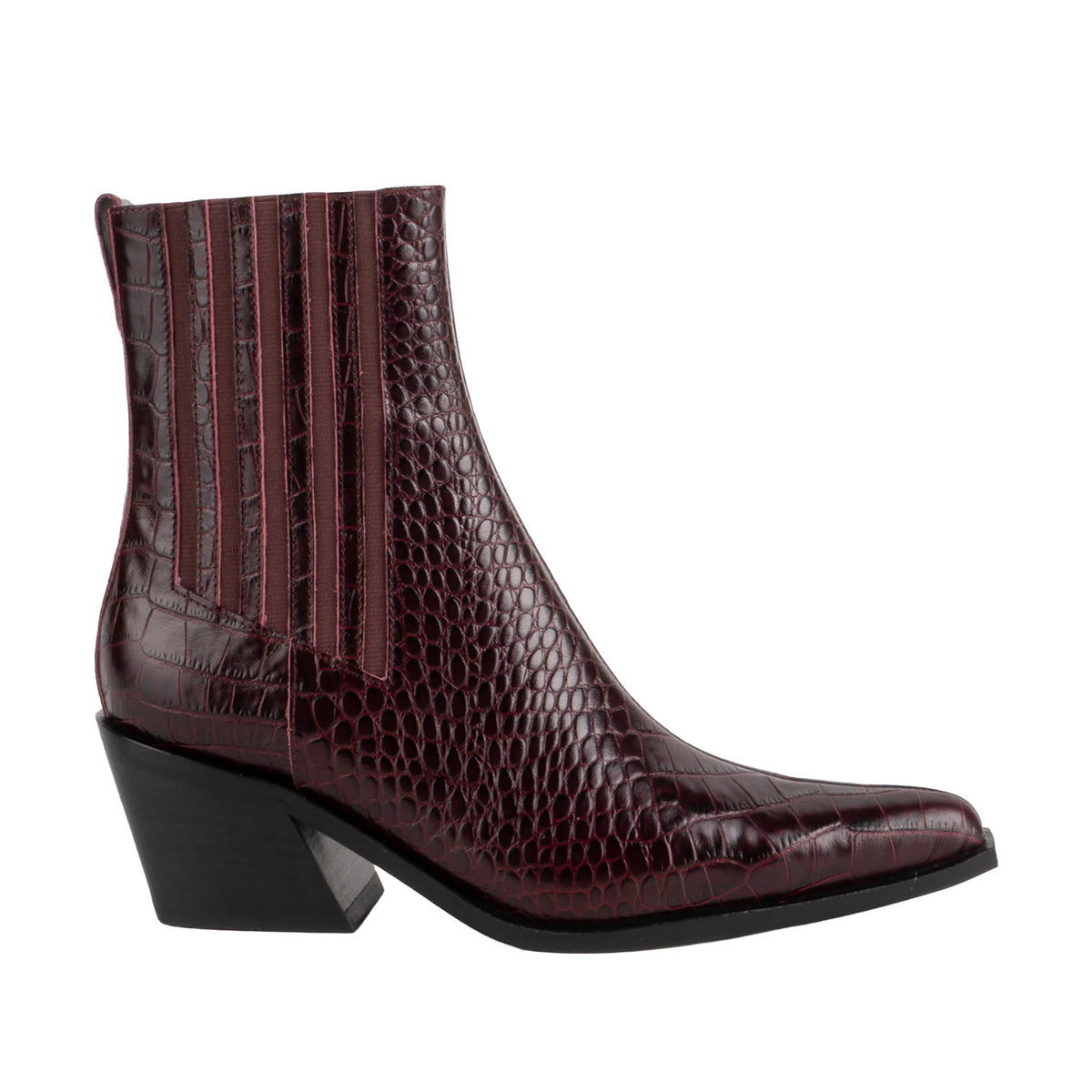 burgundy croc print cowboy boot on a white background