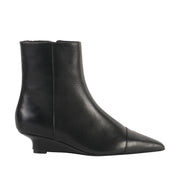 black pointed toe wedge ankle boot on a white background