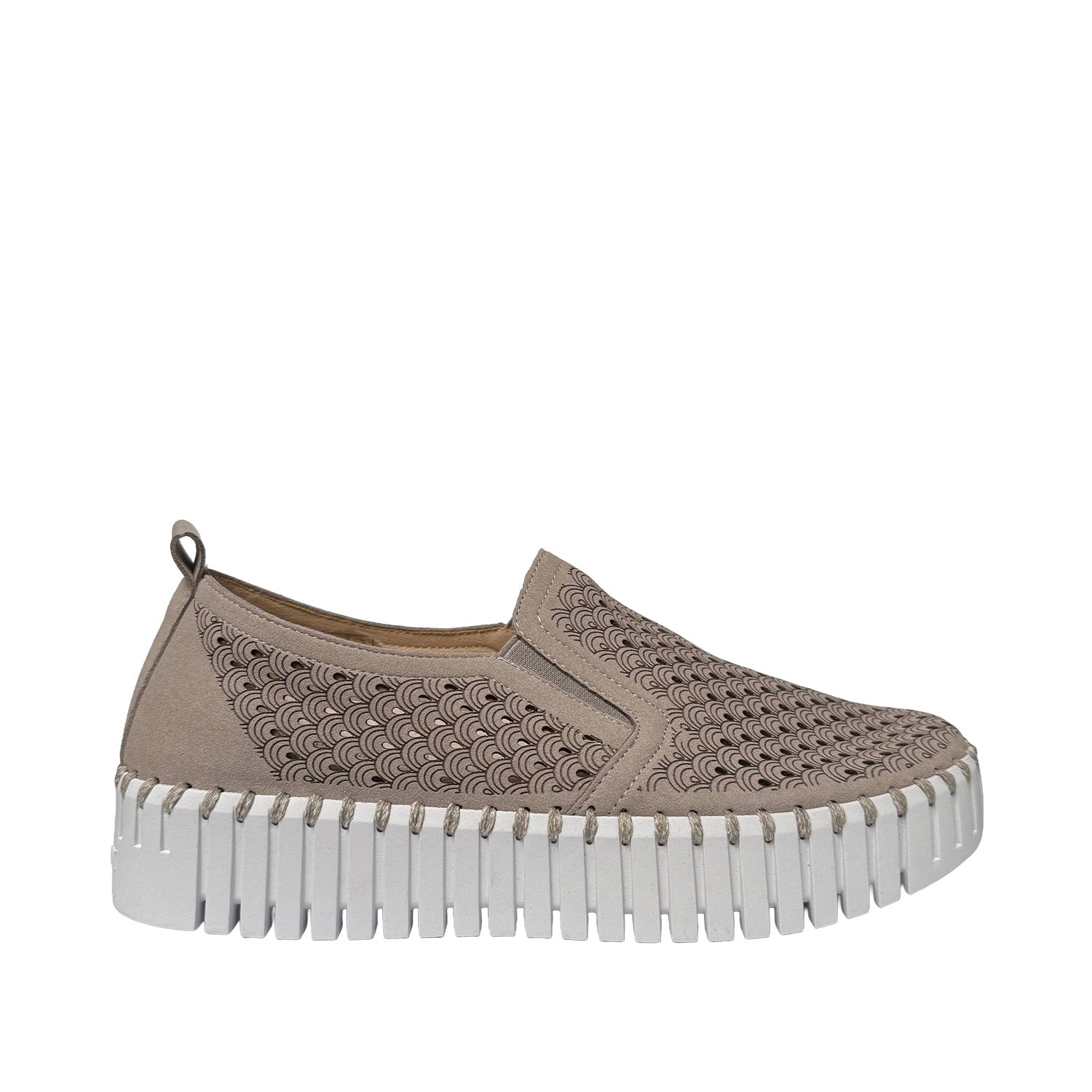 Beige slip-on shoe with a white sole on a white background