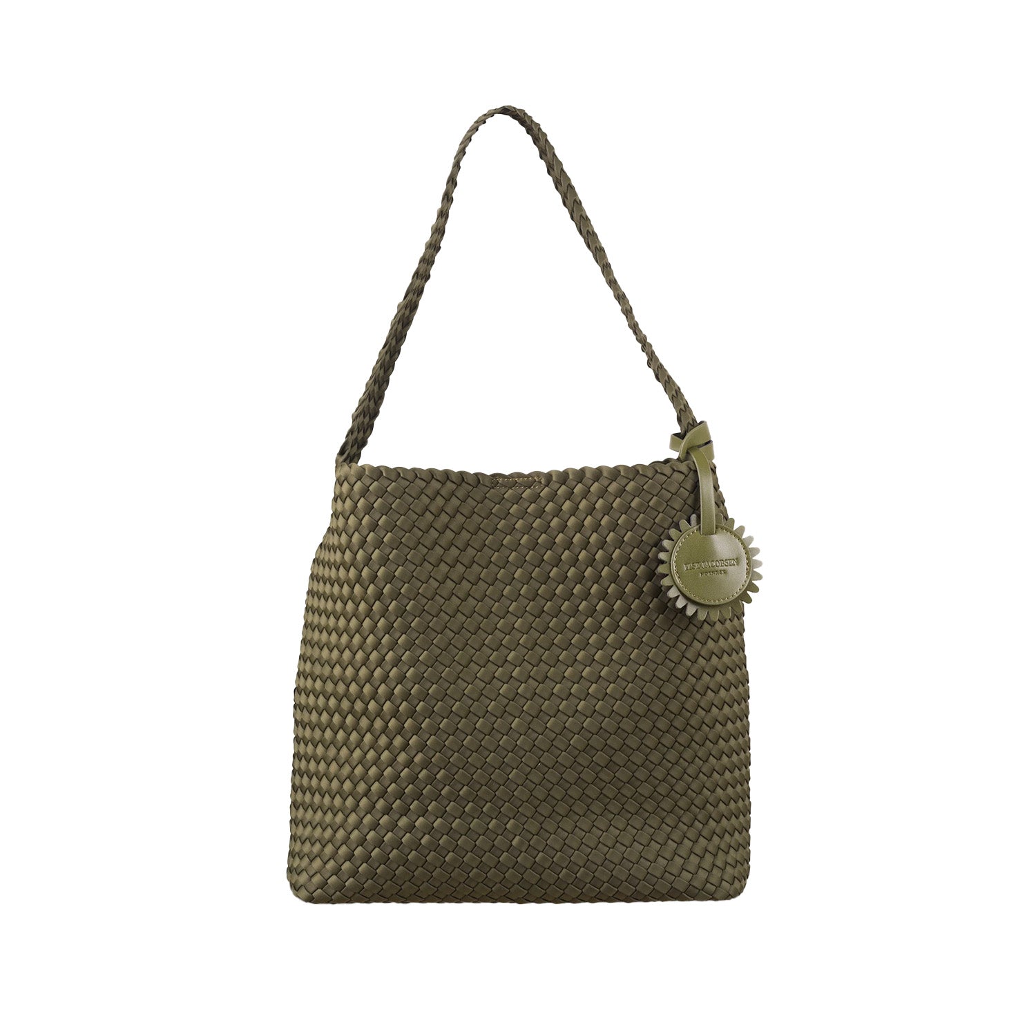 green woven tote bag on a white background