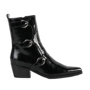 black patent western buckle boot on a white background