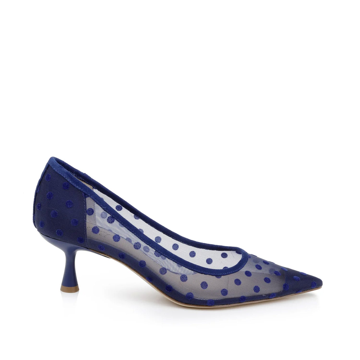 navy polka dot mesh heel on a white background