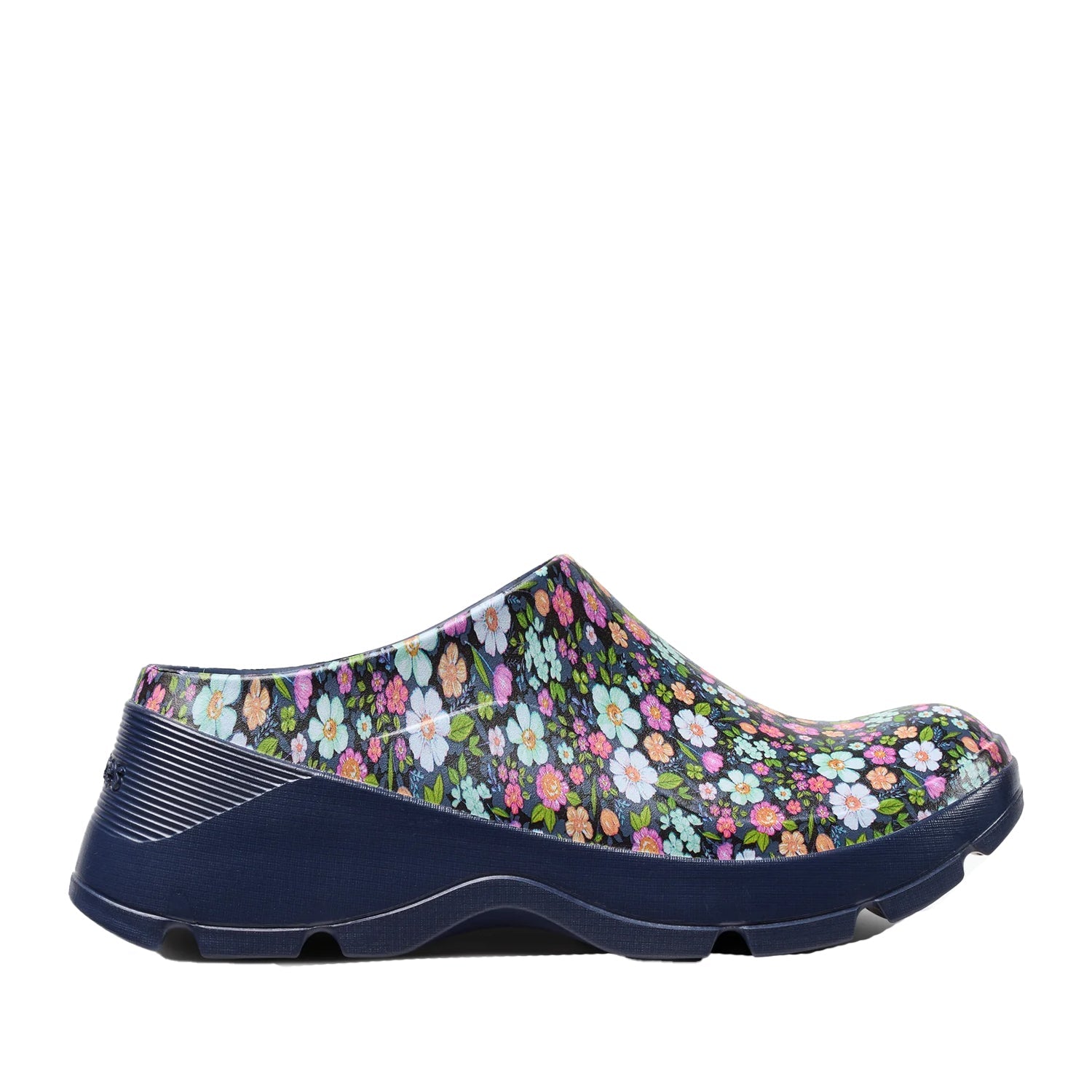 Navy blue clog with floral pattern on a white background