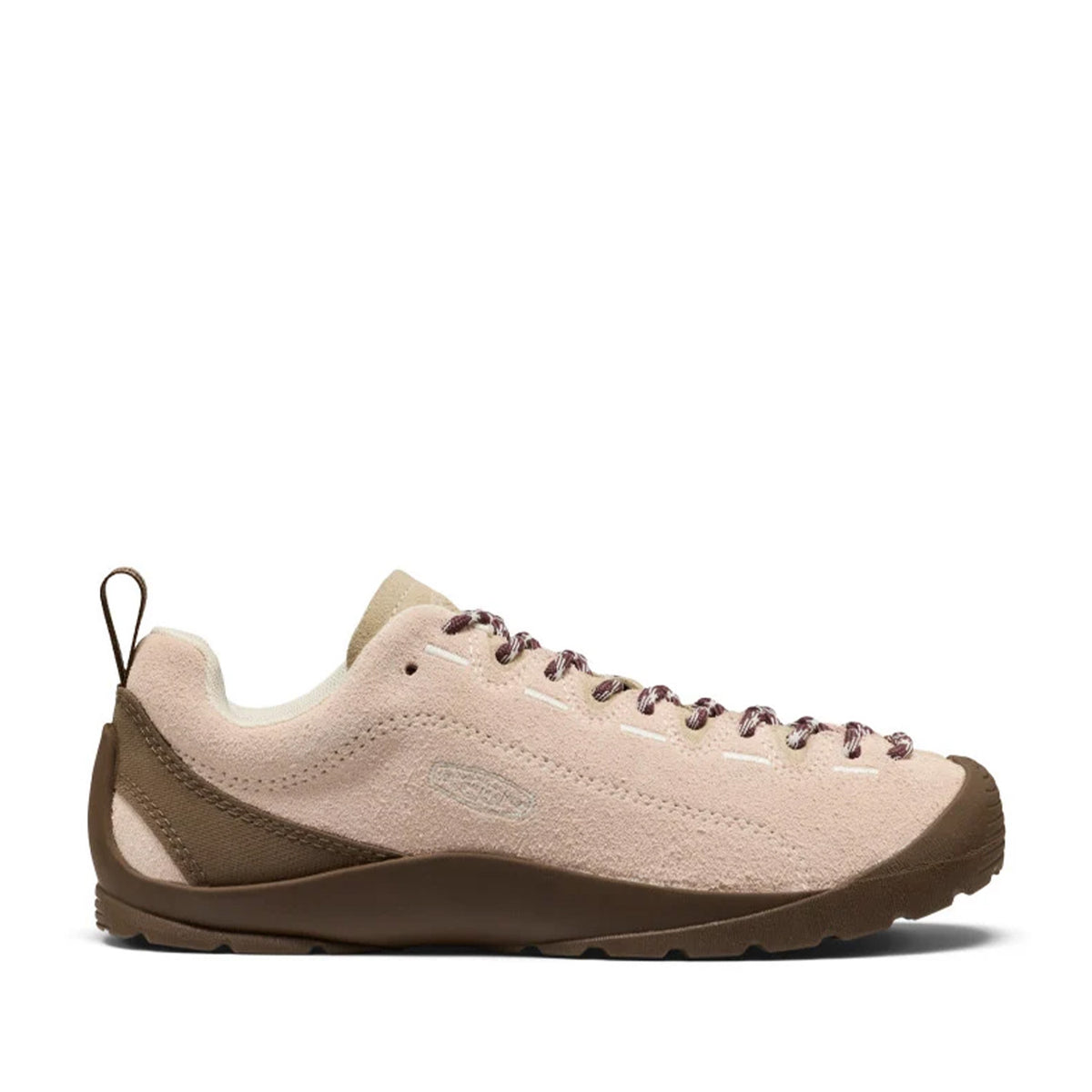 pink and beige suede hiking sneaker on a white background