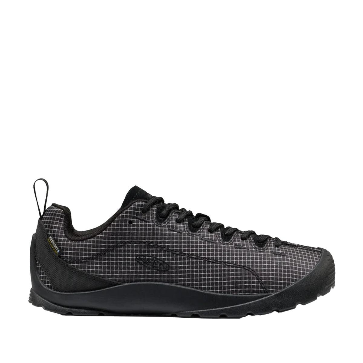 black grid-pattern nylon hiking sneaker on a white background