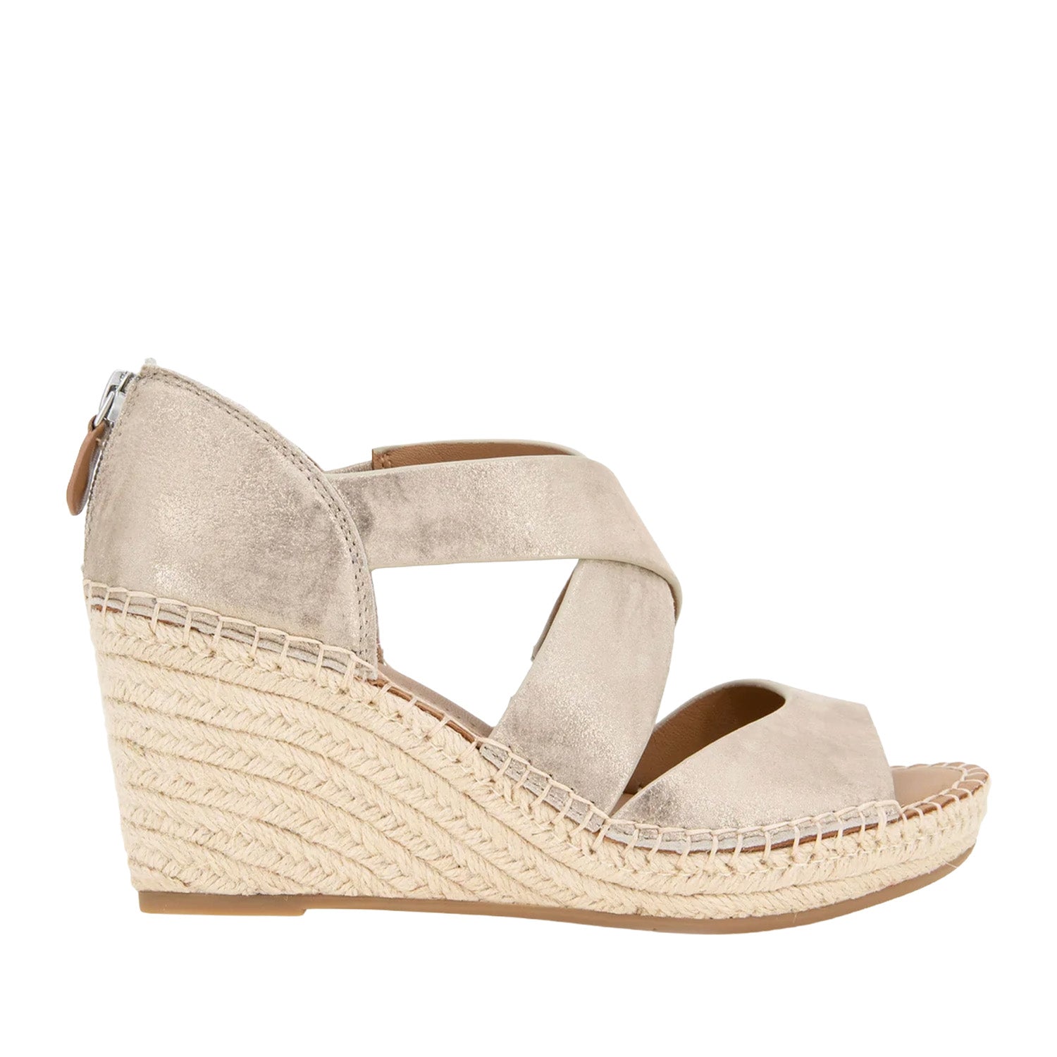 Light beige metallic raffia espadrille wedge with thick crisscross straps.
