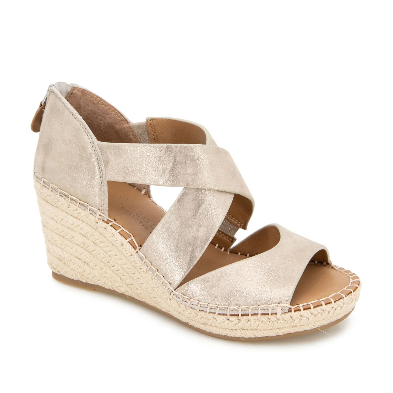 Light beige metallic raffia espadrille wedge with thick crisscross straps.