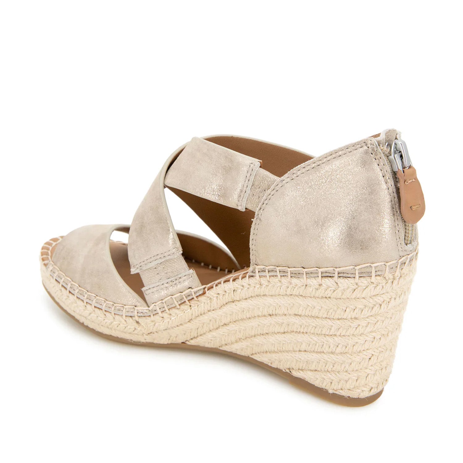Light beige metallic raffia espadrille wedge with thick crisscross straps.