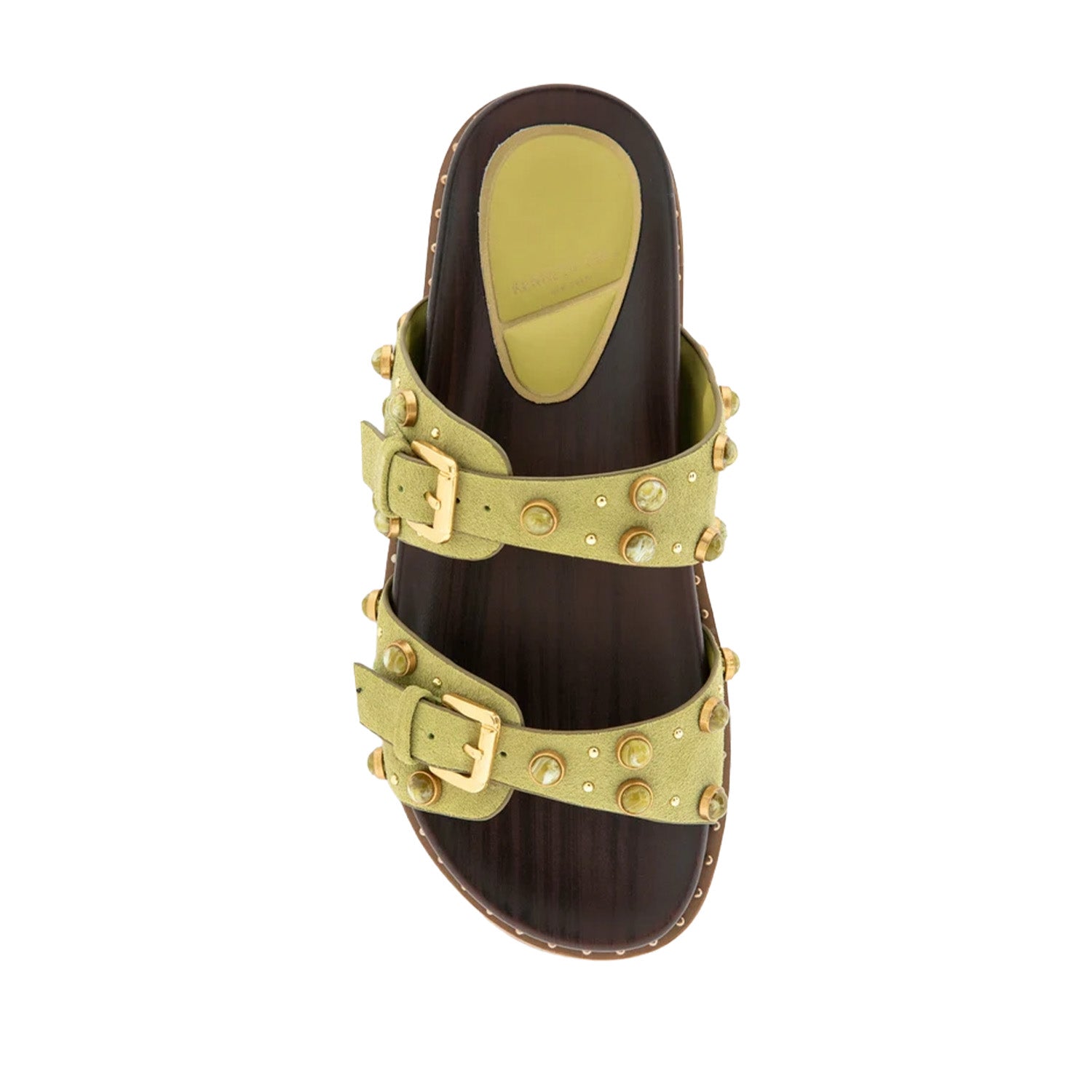 Matcha green slip-on slide sandal with double straps, gold buckles, and round embellishment studs. 