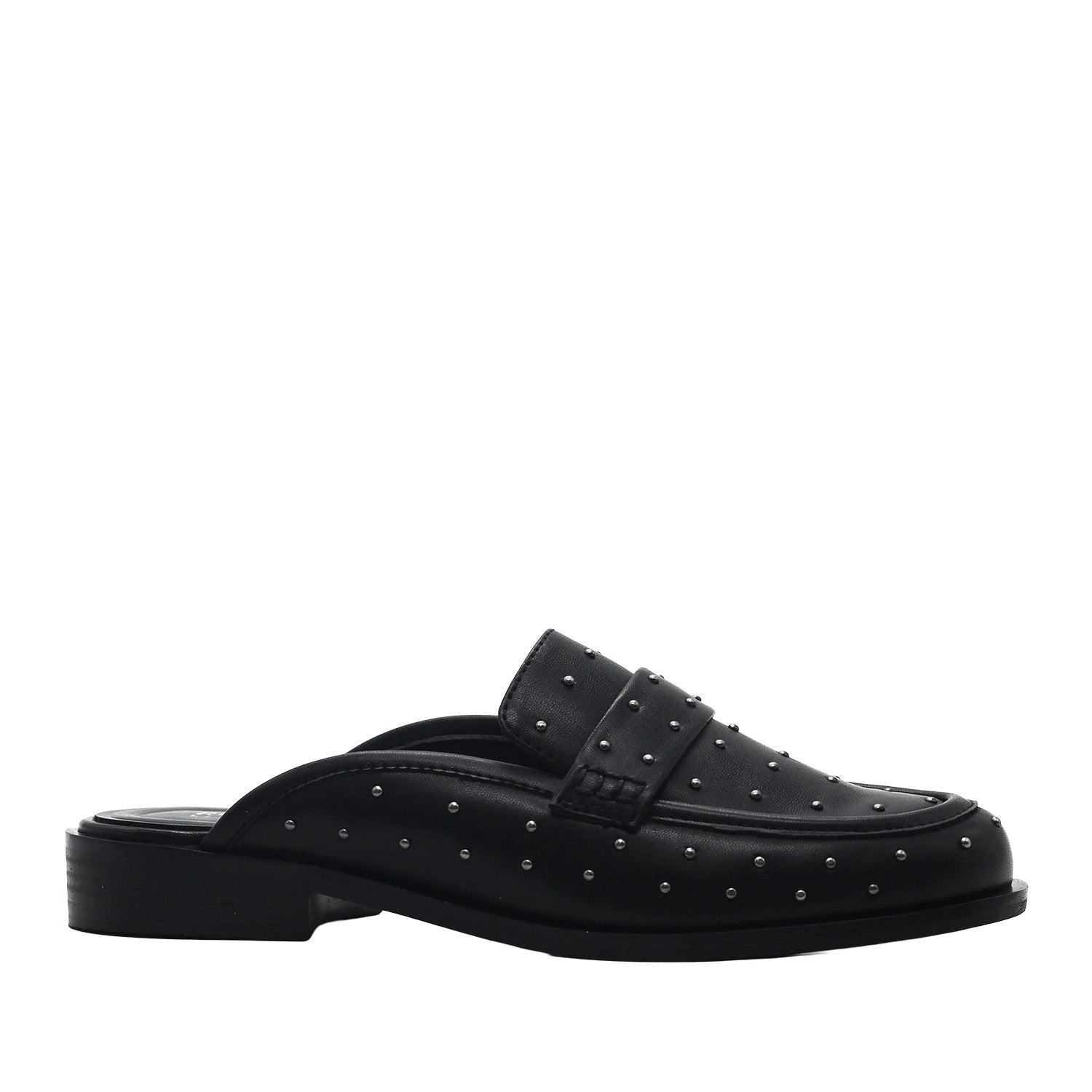 Black slip-on penny loafer mule with an open back, low heel, and embellished studs. 