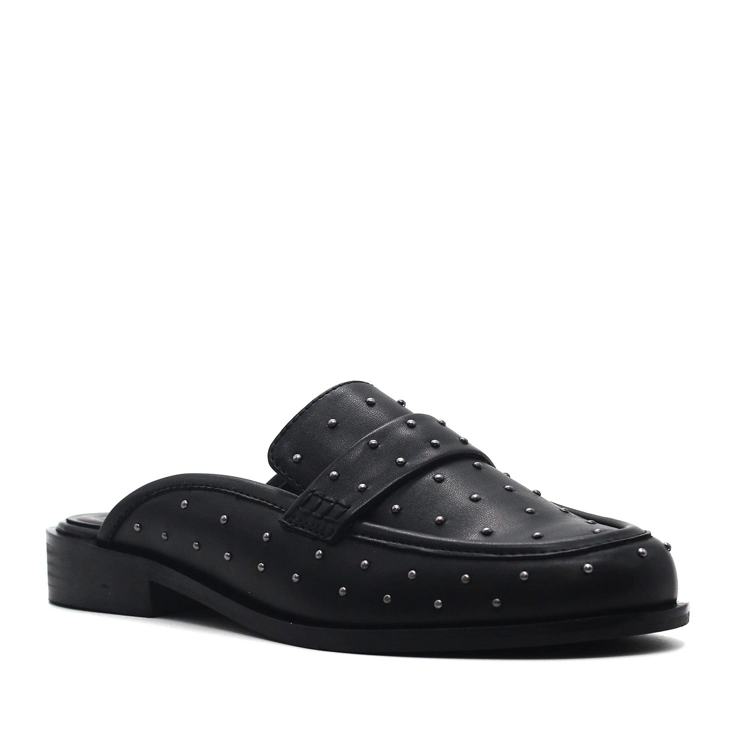 Black slip-on penny loafer mule with an open back, low heel, and embellished studs. 