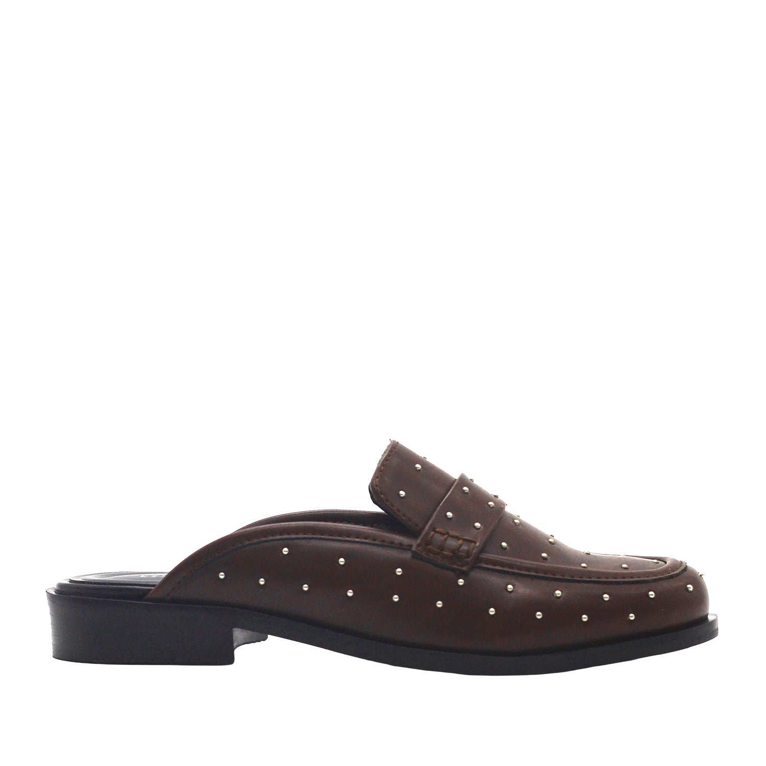 Dark brown slip-on penny loafer mule with an open back, low heel, and embellished studs. 