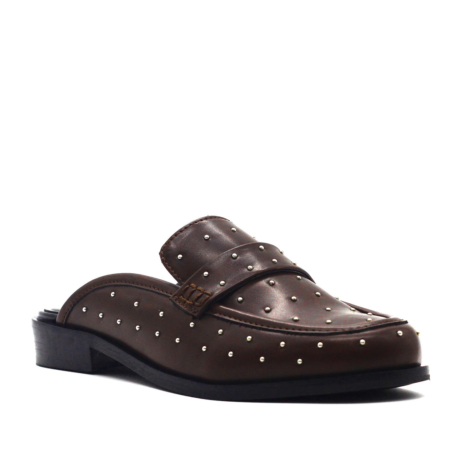 Dark brown slip-on penny loafer mule with an open back, low heel, and embellished studs. 