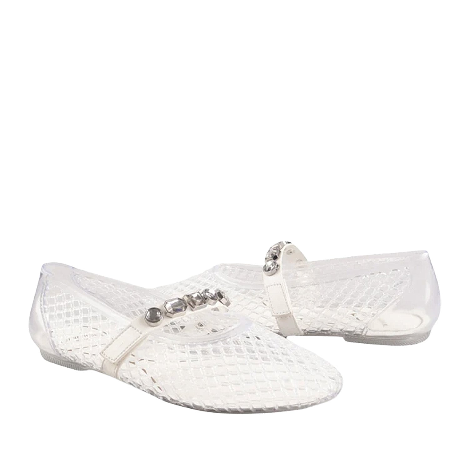 Clear jelly woven mary-jane flat with rhinestone embellishments on strap. 