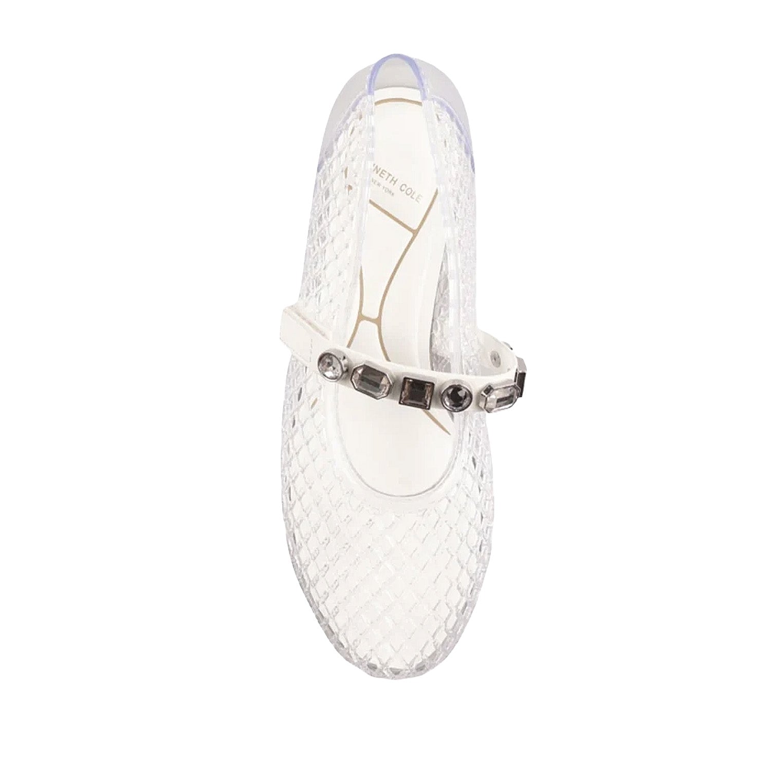 Clear jelly woven mary-jane flat with rhinestone embellishments on strap. 