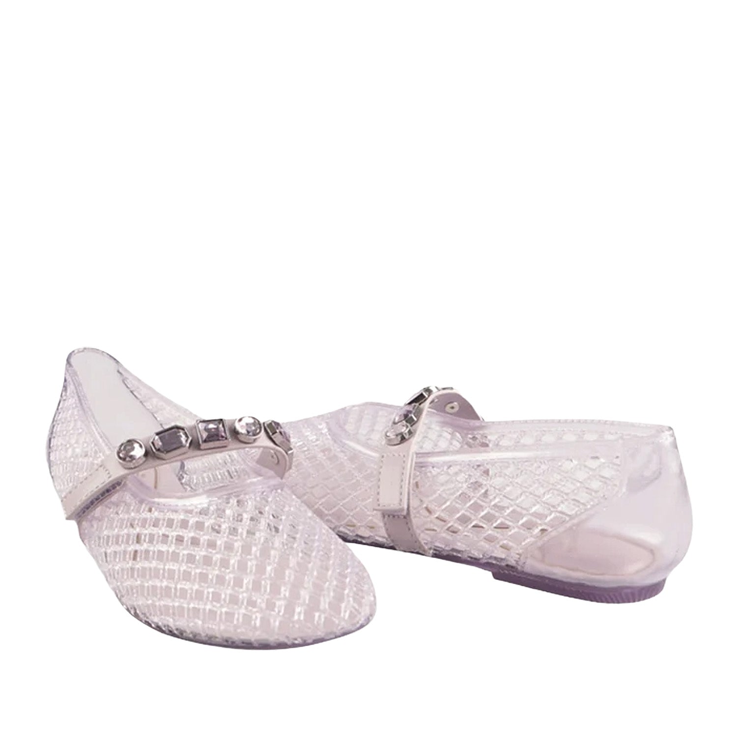 Light purple jelly woven mary-jane flat with rhinestone embellishments on strap. 