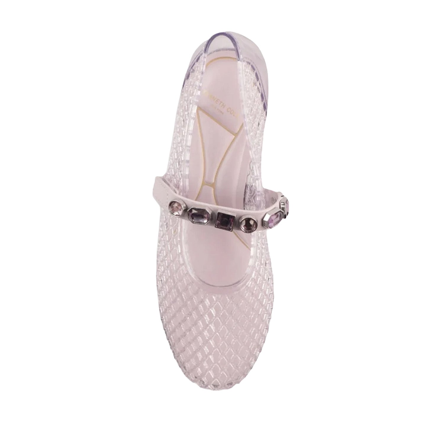Light purple jelly woven mary-jane flat with rhinestone embellishments on strap. 