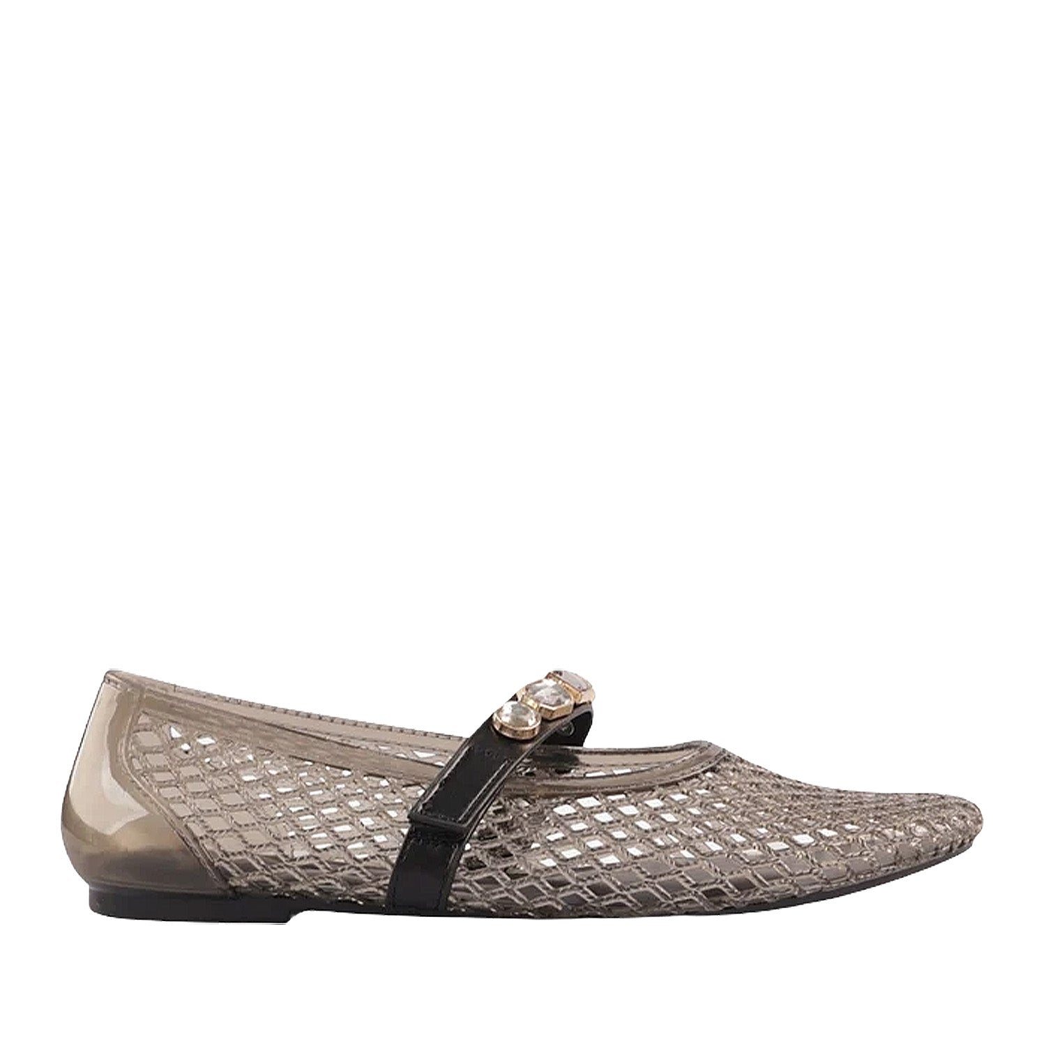 Grey-brown jelly woven mary-jane flat with rhinestone embellishments on strap. 