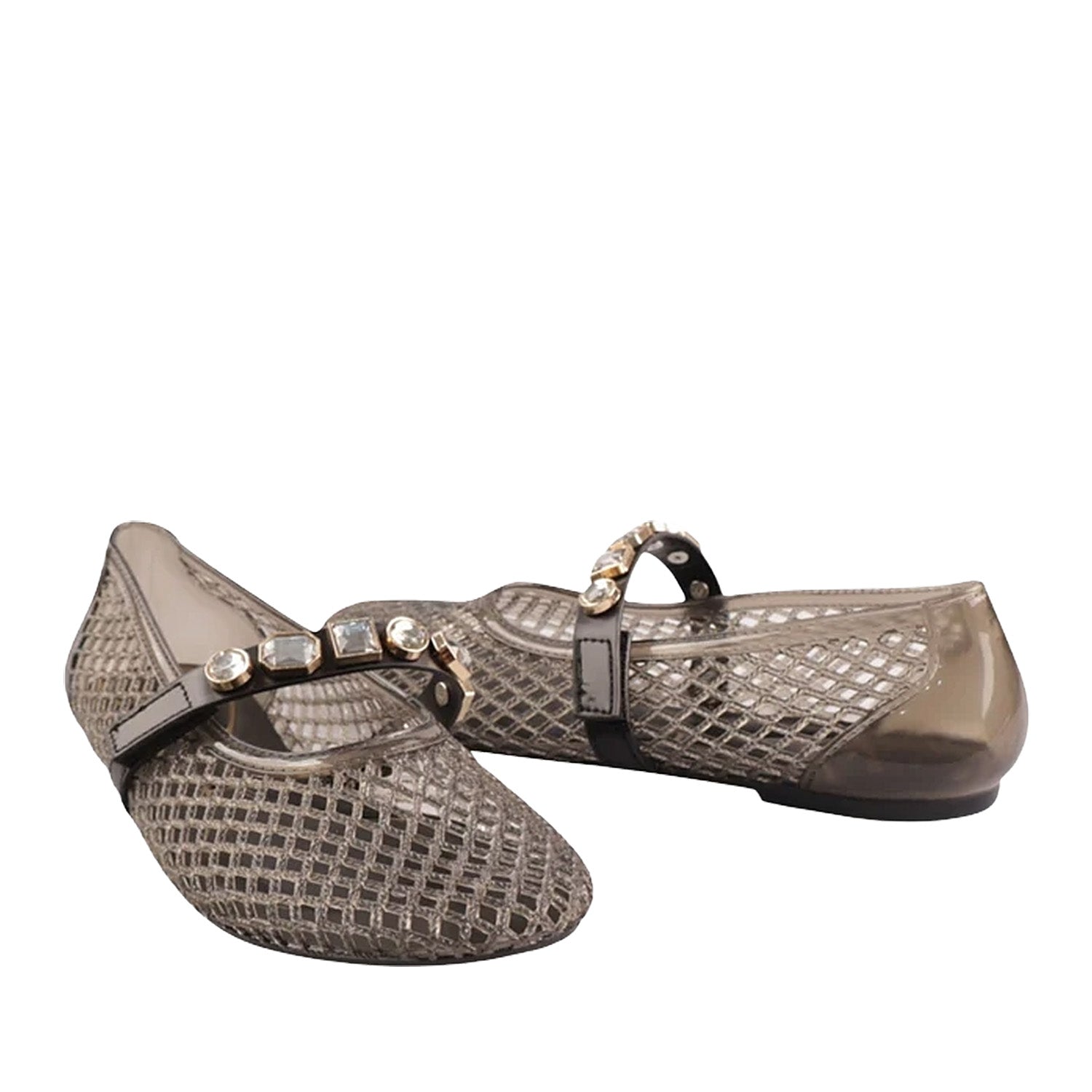 Grey-brown jelly woven mary-jane flat with rhinestone embellishments on strap. 