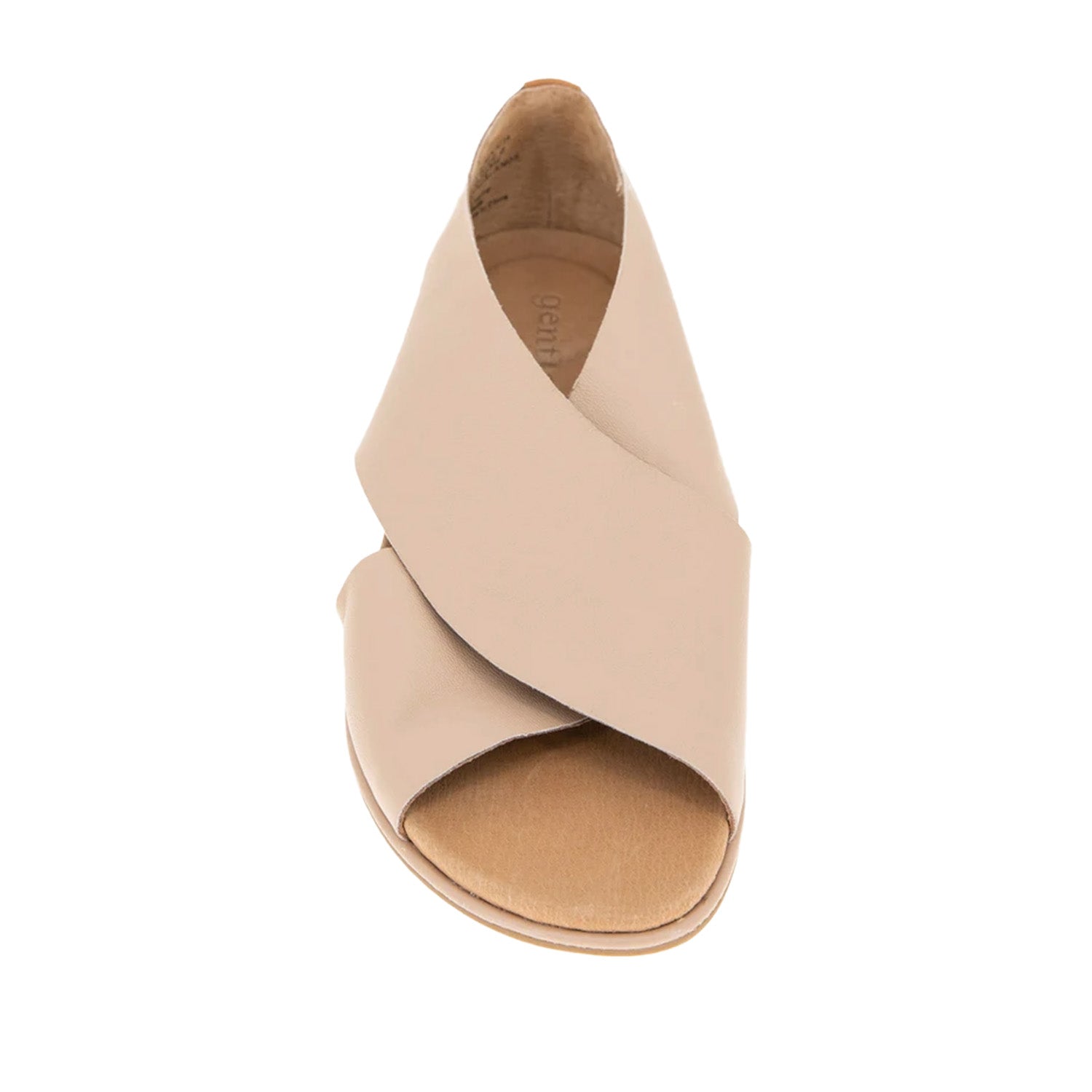 Light brown leather flat sandal with a crossover strap and a peep-toe. 