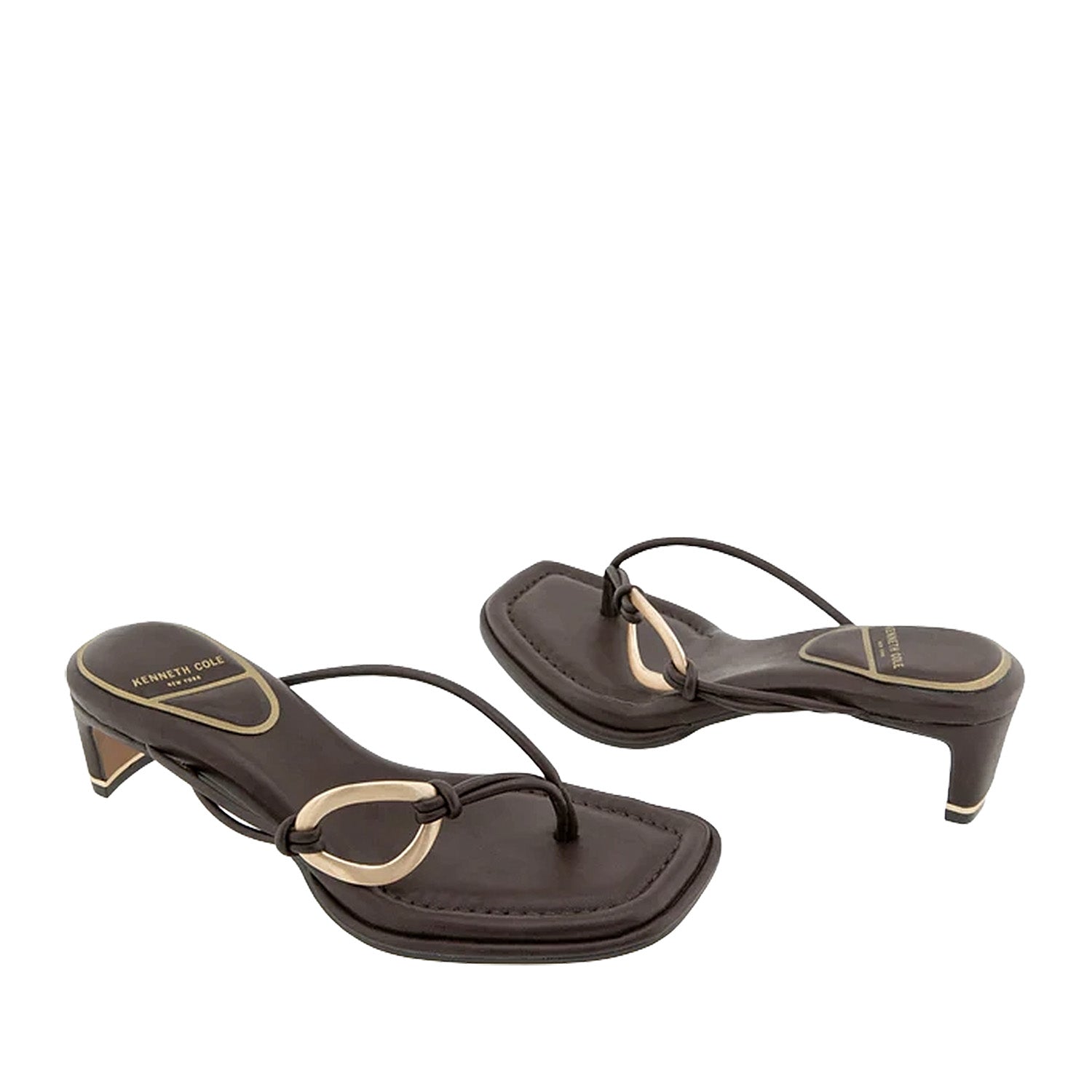 Dark brown toe-post kitten heel sandal with gold-tone hardware on strap