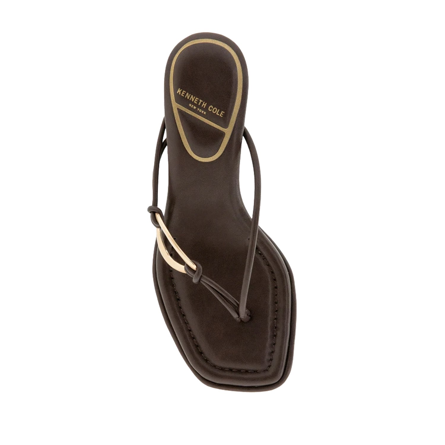Dark brown toe-post kitten heel sandal with gold-tone hardware on strap