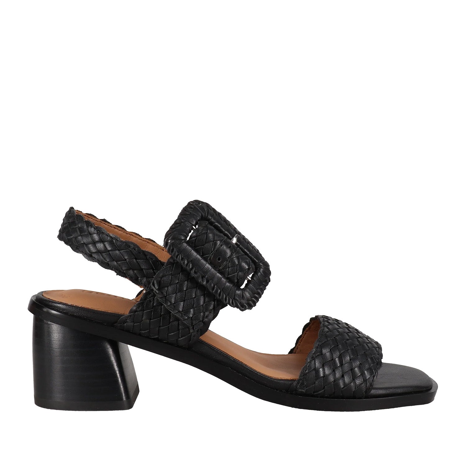 Black woven leather sandal with oversized adjustable buckle and block heel.