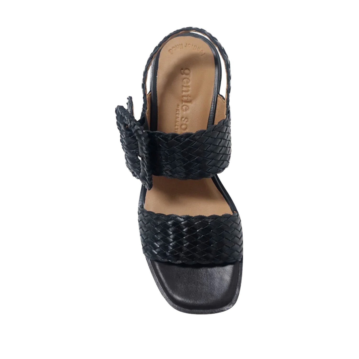 Black woven leather sandal with oversized adjustable buckle and block heel.