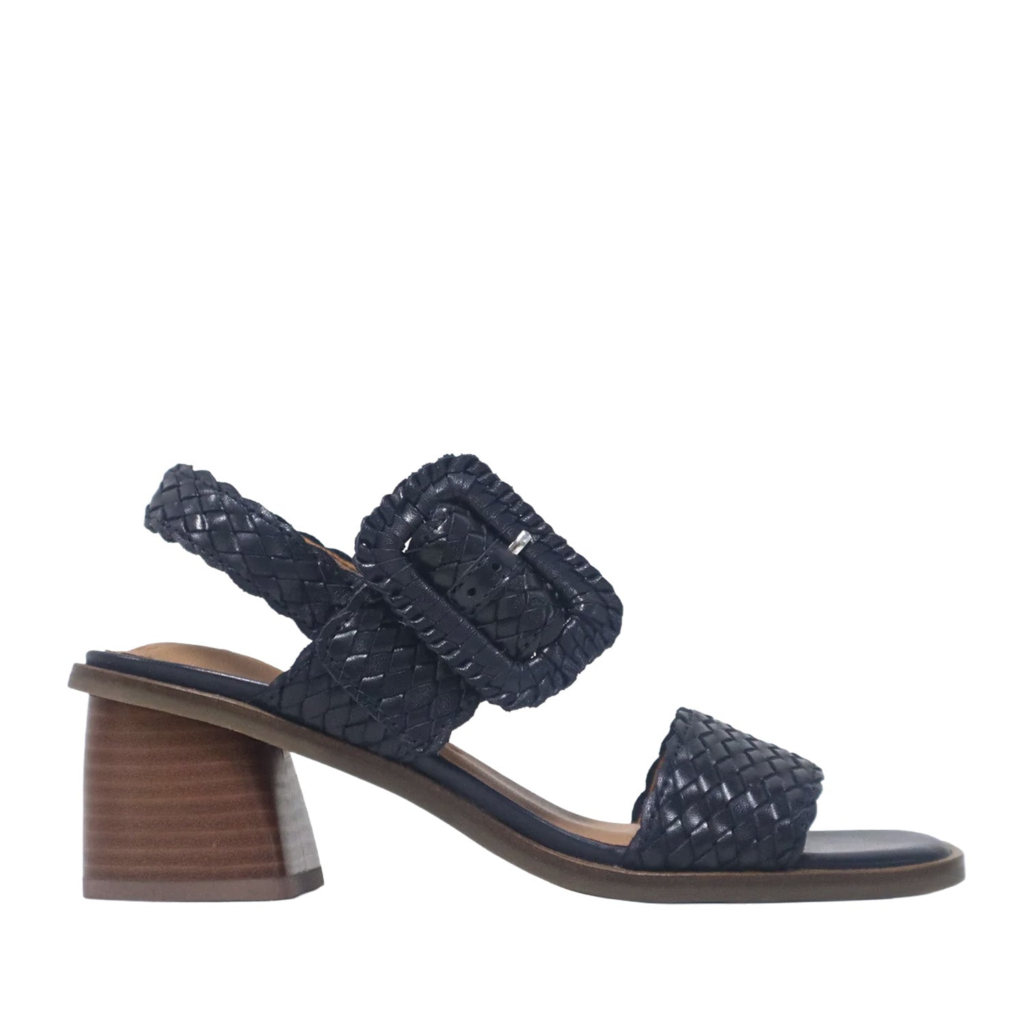 Navy blue woven leather sandal with oversized adjustable buckle and block heel.