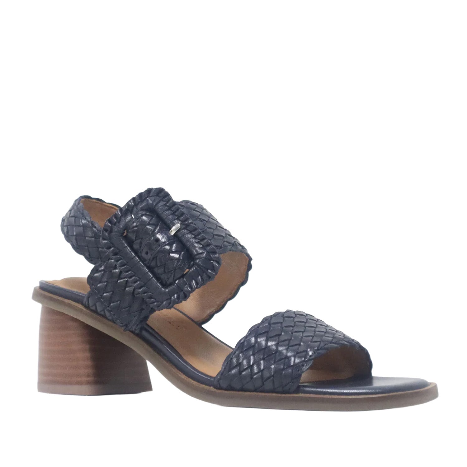 Navy blue woven leather sandal with oversized adjustable buckle and block heel.