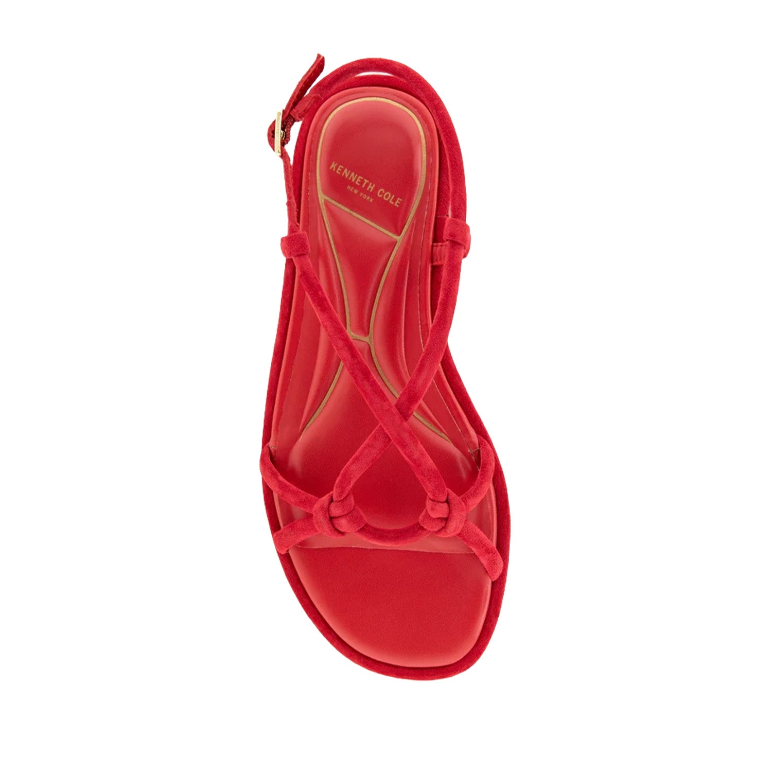 Bright red suede slingback sandal with knot detail.