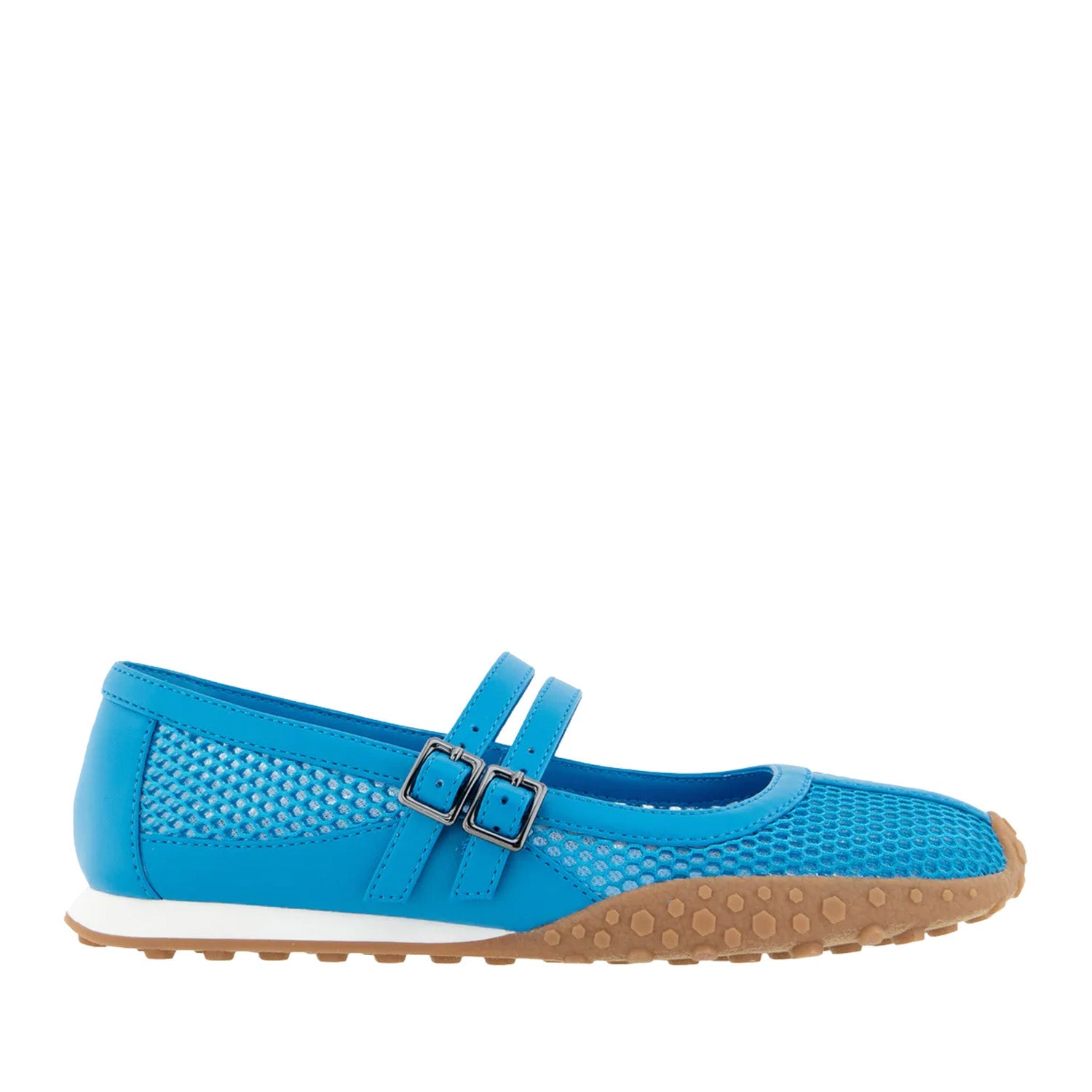 Bright blue mesh mary-jane flat with double strap buckle, and lugged sole.