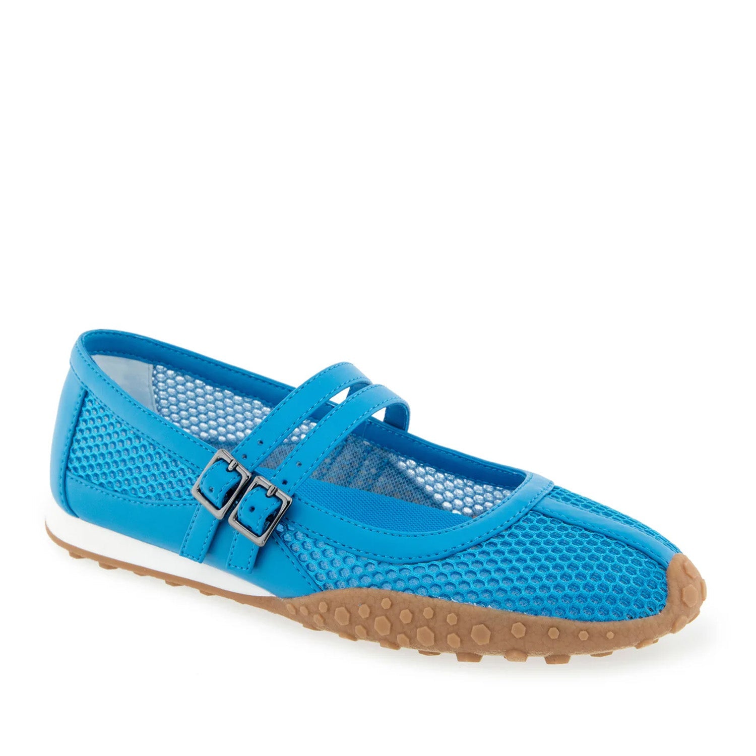 Bright blue mesh mary-jane flat with double strap buckle, and lugged sole.