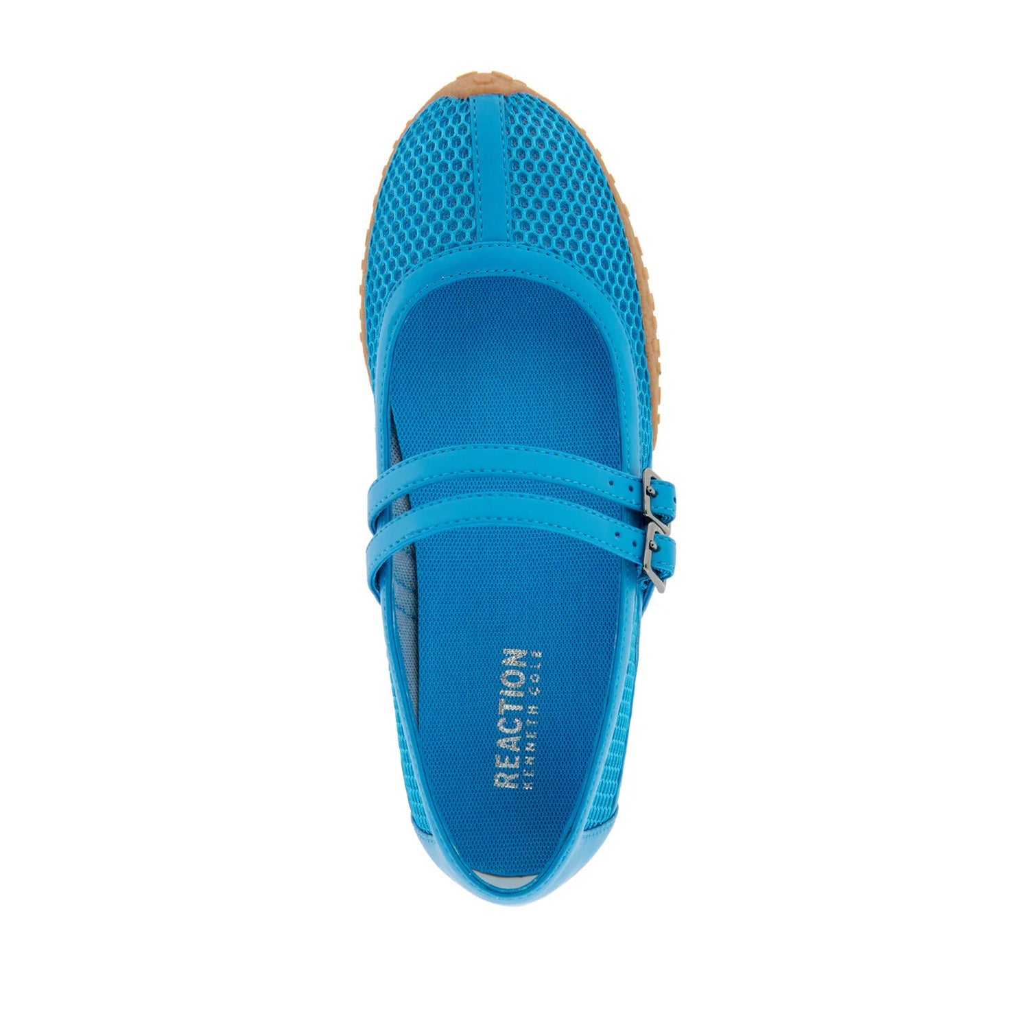 Bright blue mesh mary-jane flat with double strap buckle, and lugged sole.