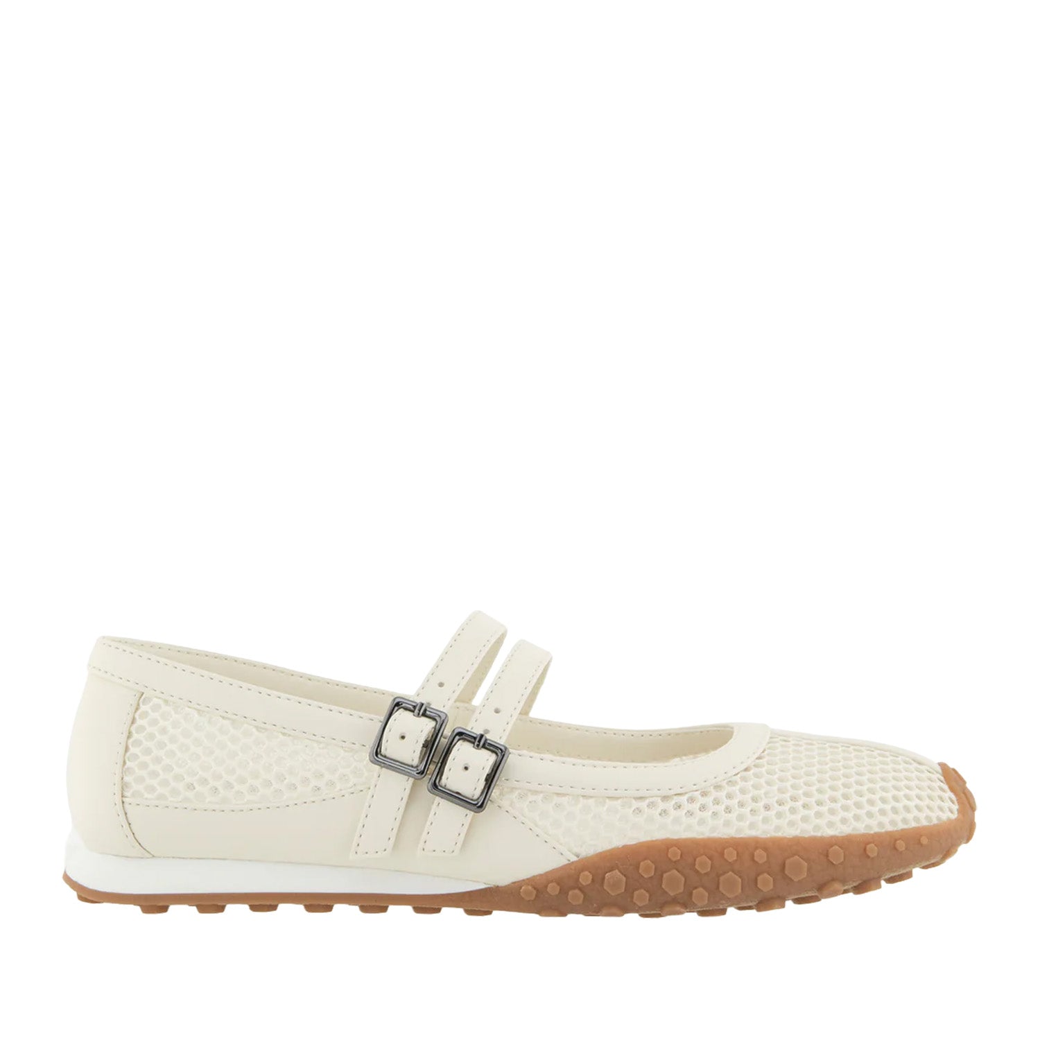 White mesh mary-jane flat with double strap buckle, and lugged sole.
