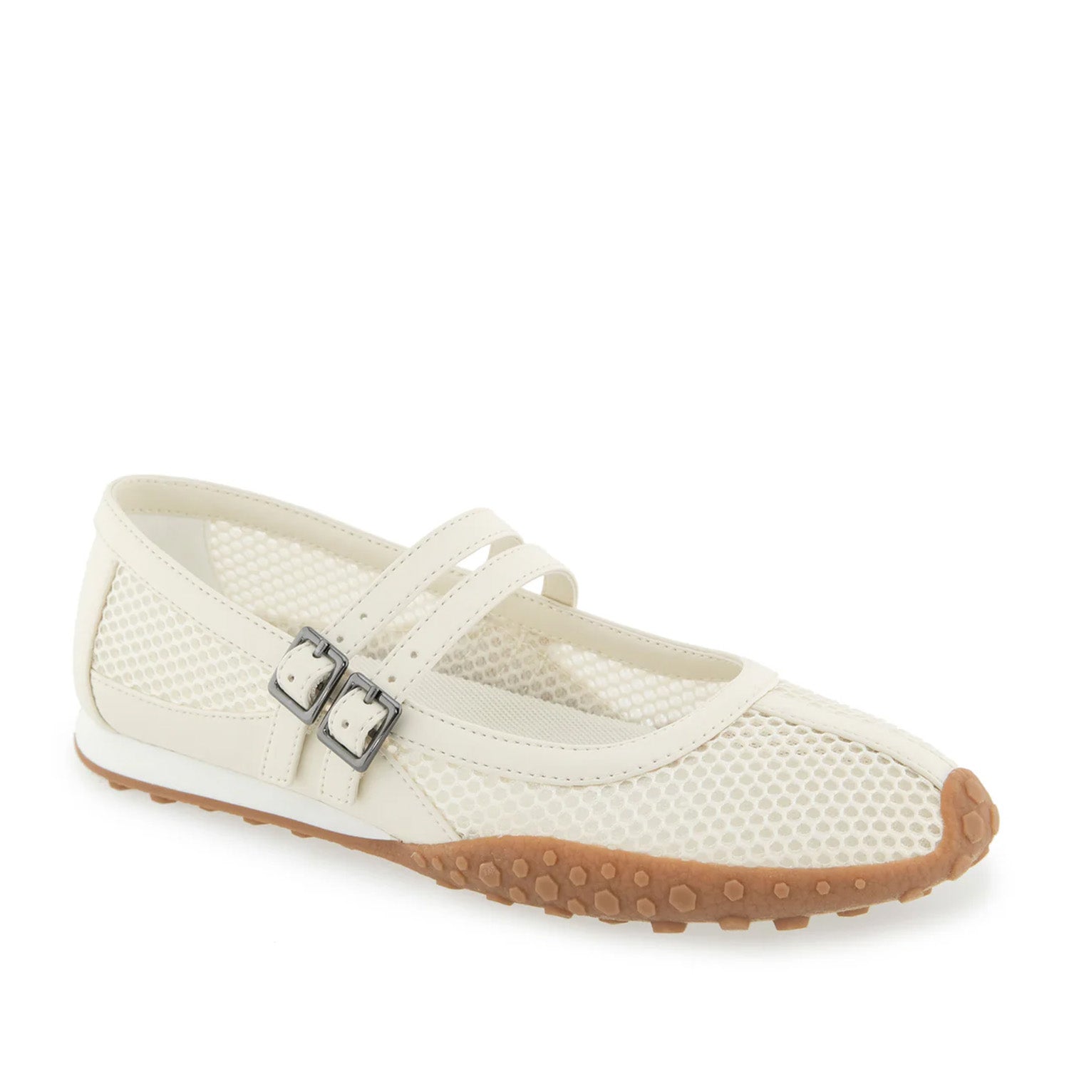 White mesh mary-jane flat with double strap buckle, and lugged sole.