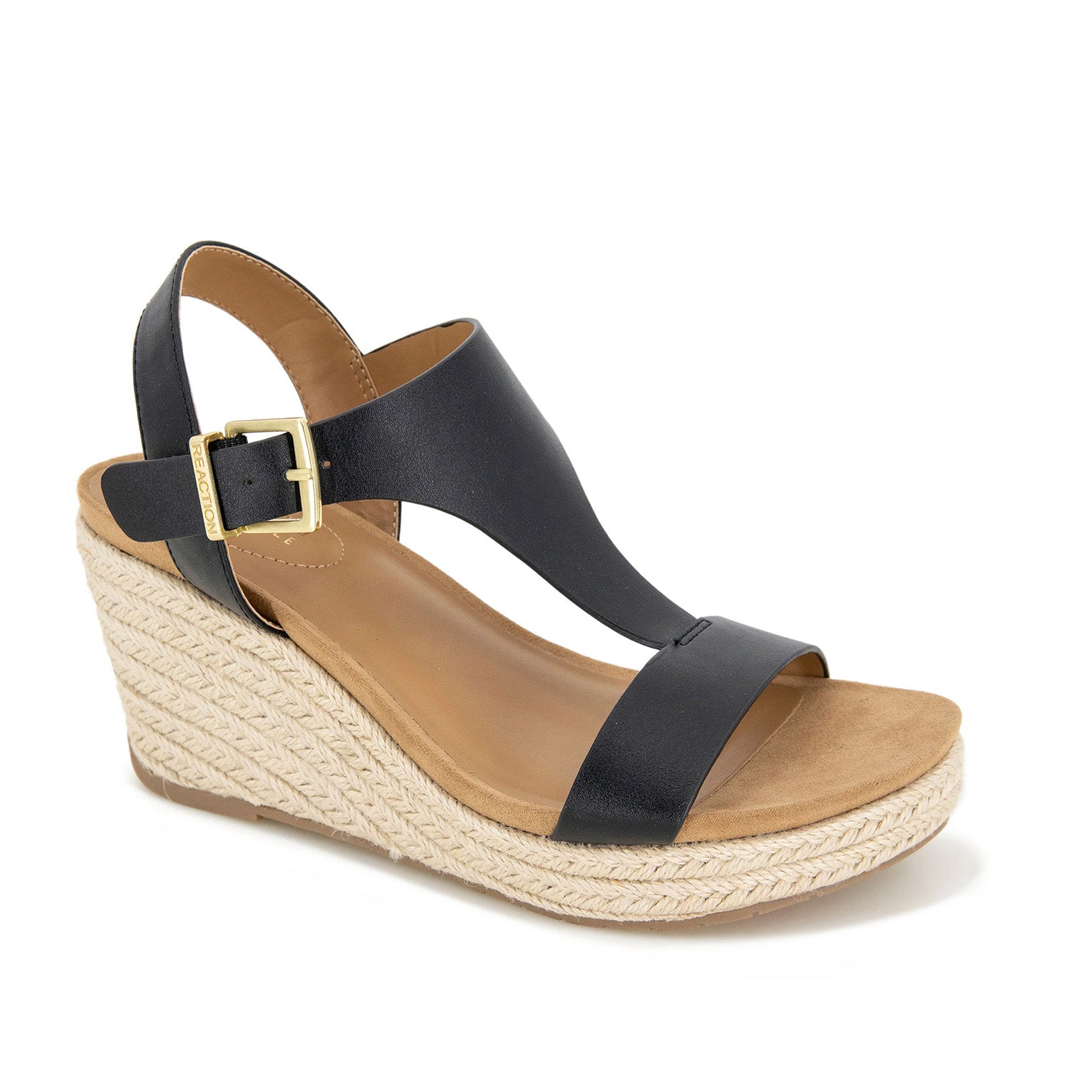 Black leather espadrille wedge sandal with a t-strap, and ankle buckle. 