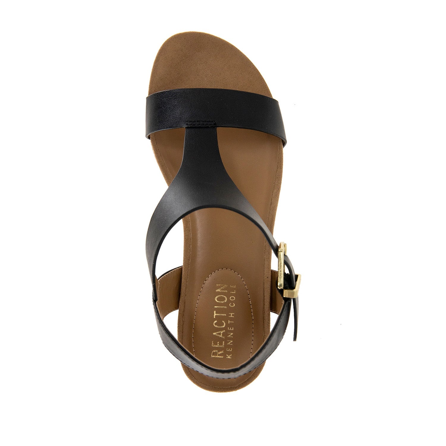 Black leather espadrille wedge sandal with a t-strap, and ankle buckle. 