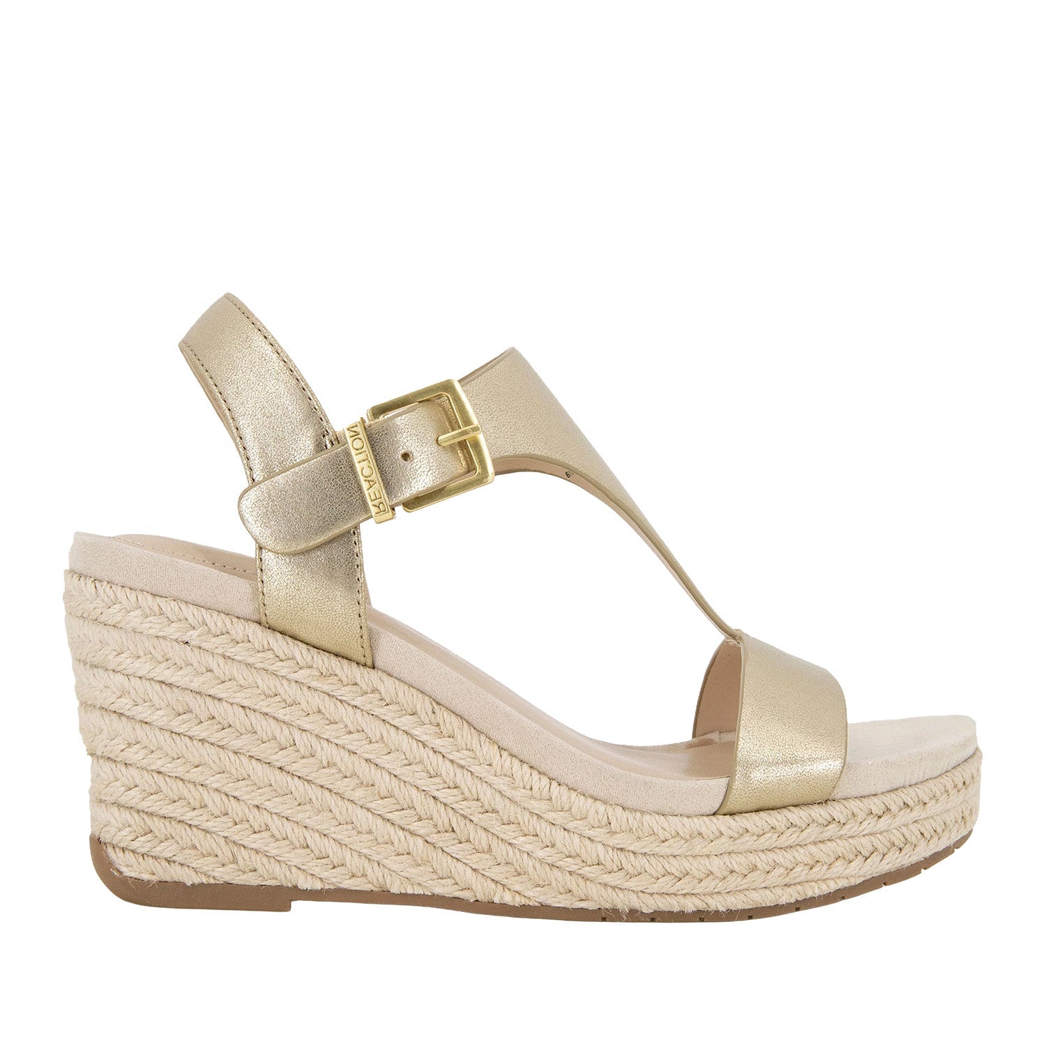Gold metallic leather espadrille wedge sandal with a t-strap, and ankle buckle. 