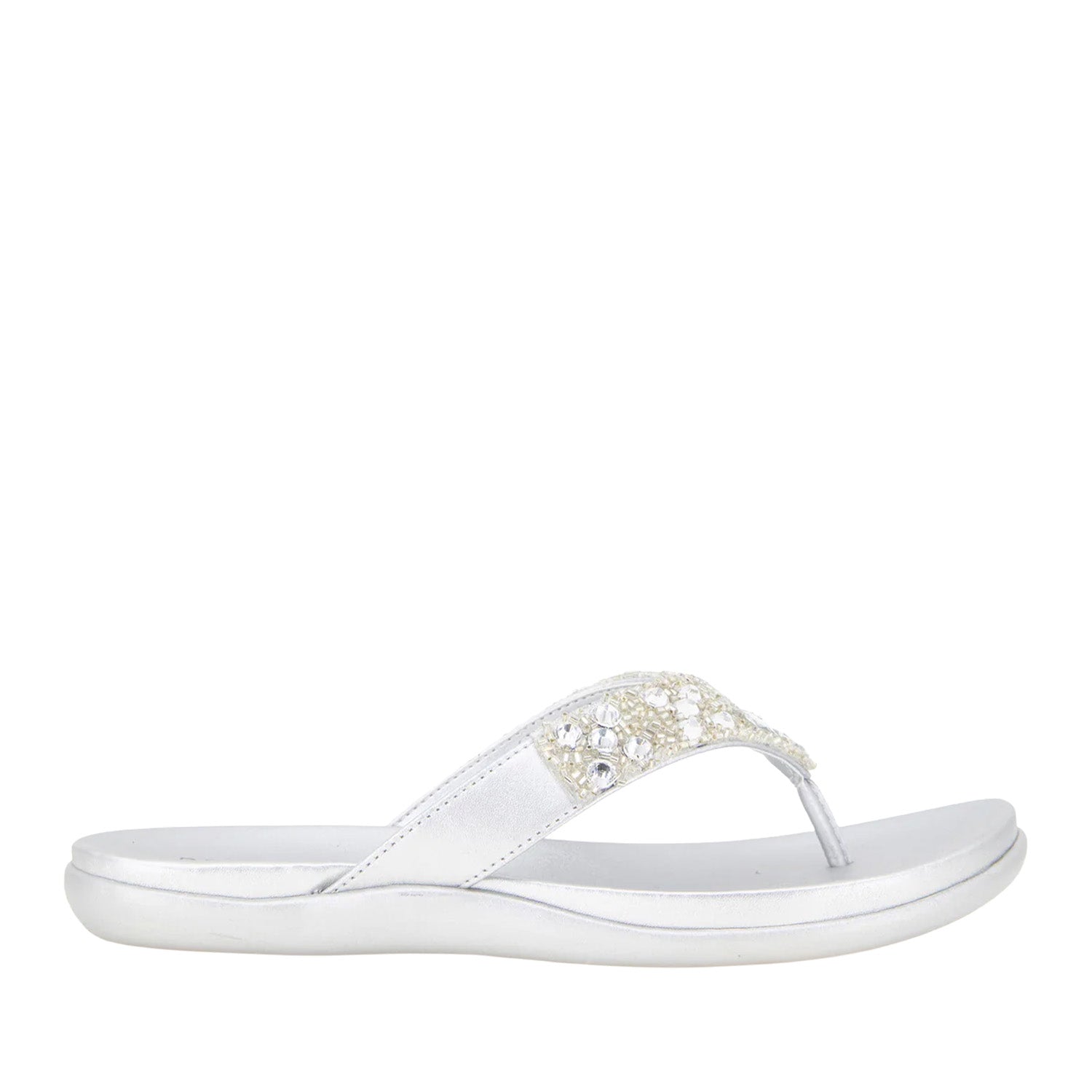 Silver flip-flop with embellished rhinestone straps. 