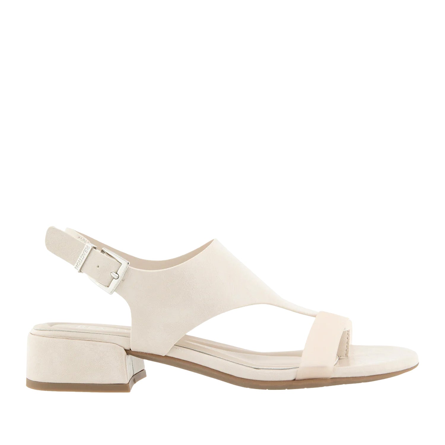 Cream-grey heeled sandal with a thong toe-post, ankle strap buckle, and low block heel. 