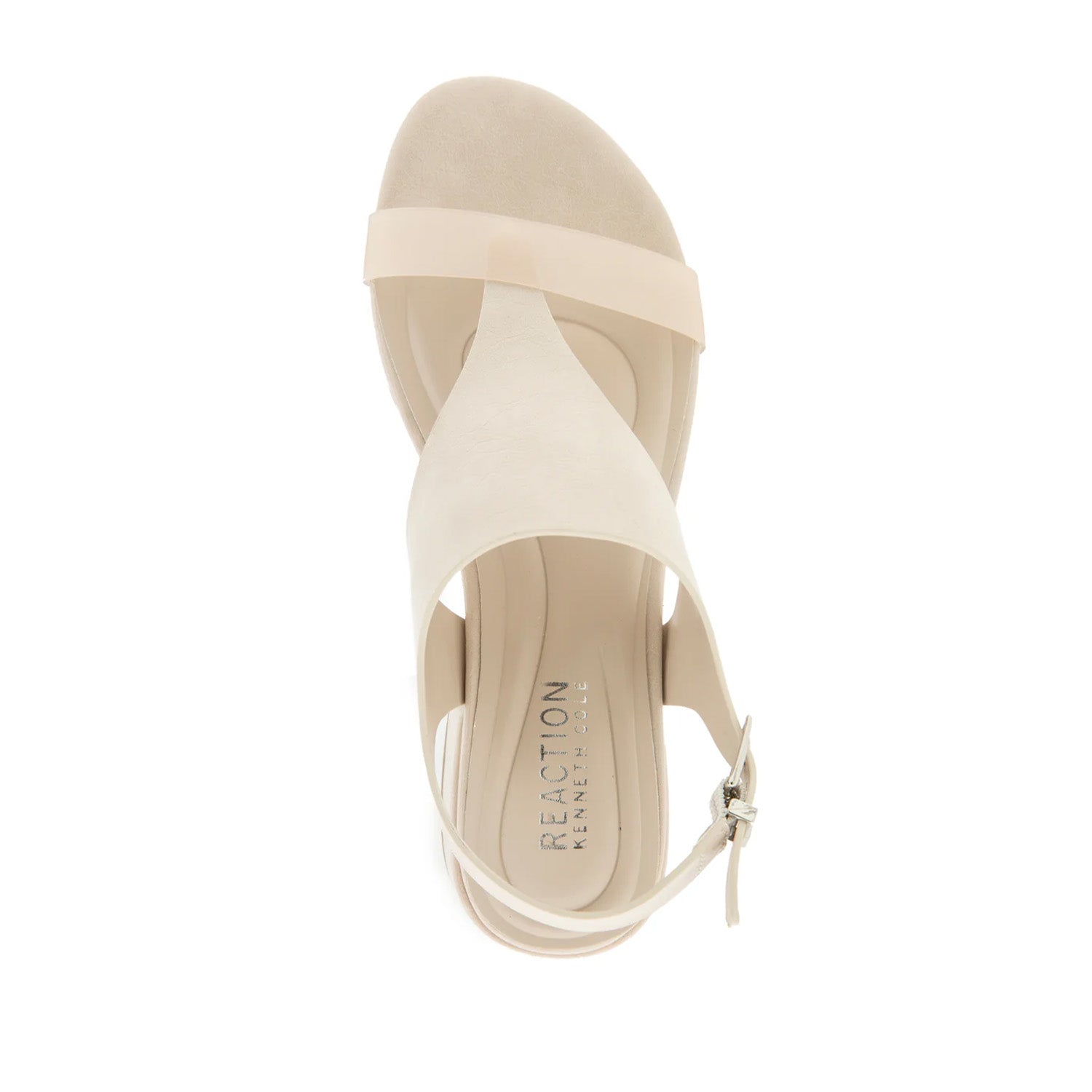 Cream-grey heeled sandal with a thong toe-post, ankle strap buckle, and low block heel. 