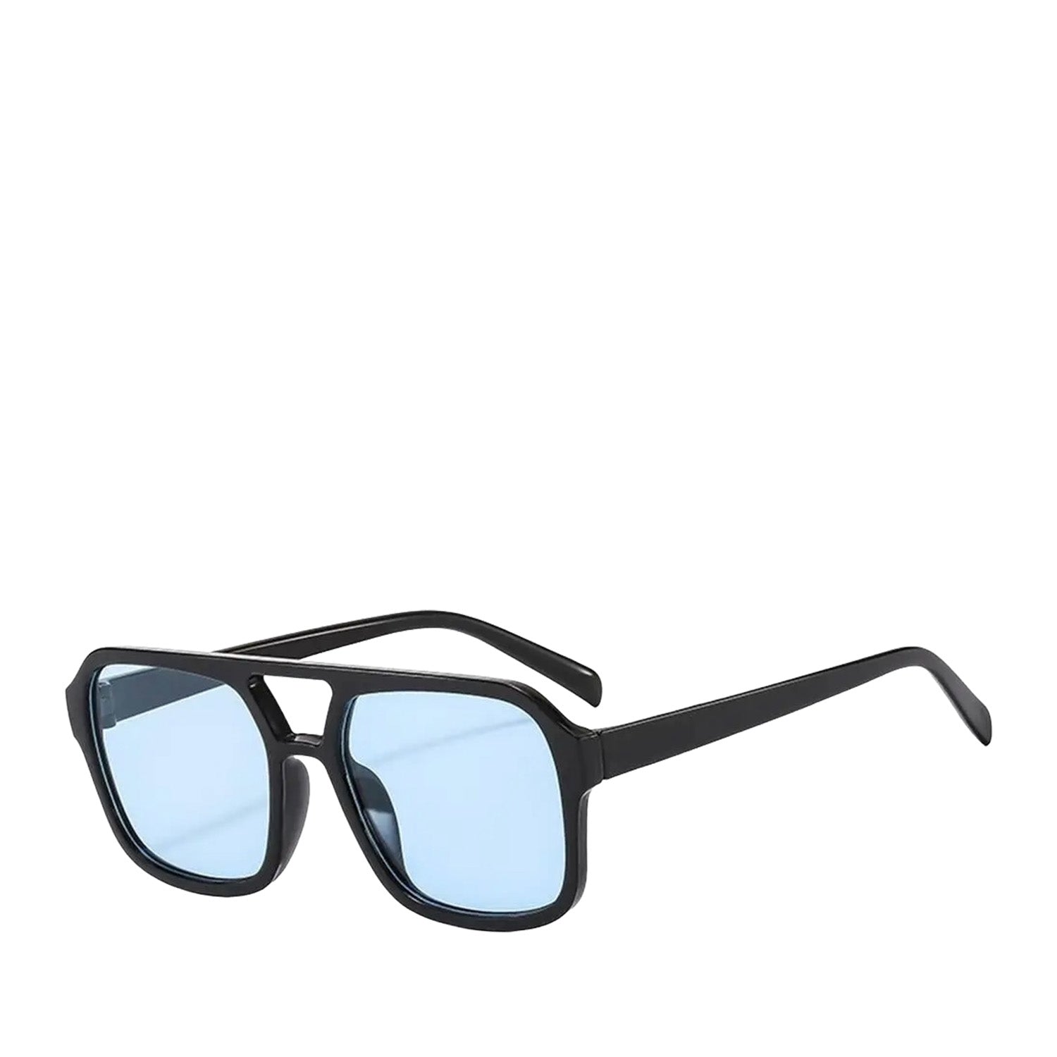 Aviator sunglasses with a Black frame and blue lenses on a white background