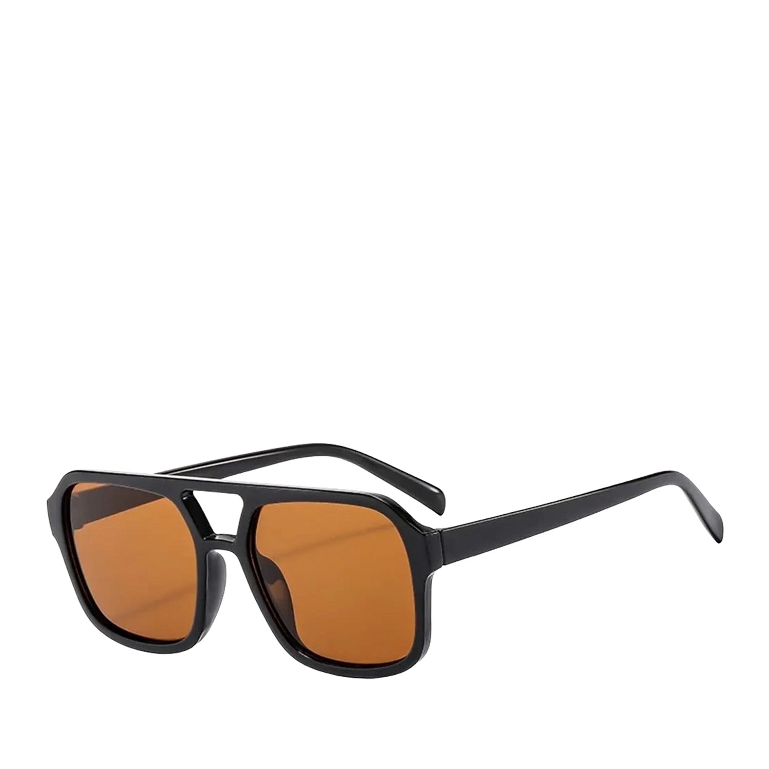 Aviator sunglasses with a Black frame and brown-yellow lenses on a white background