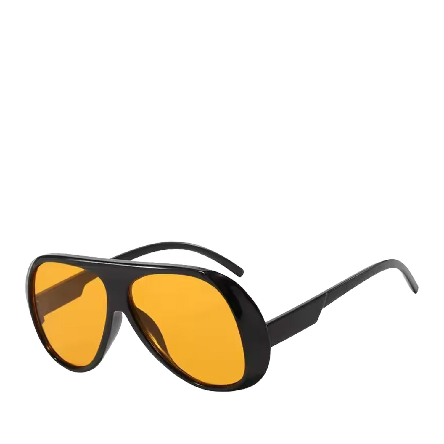 Oversized rounded aviator sunglasses with a black frame and orange lenses on a white background