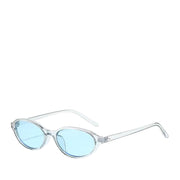 Clear frames with blue lenses oval sunglasses on a white background