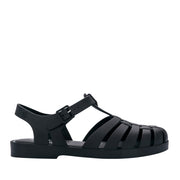 Black fisherman style sandal on white background
