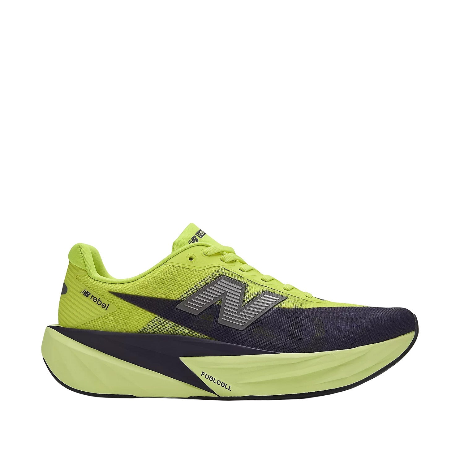 New Balance Men's FuelCell Rebel v5 in Alkaline Green/Boysenberry/Dark Silver Metallic