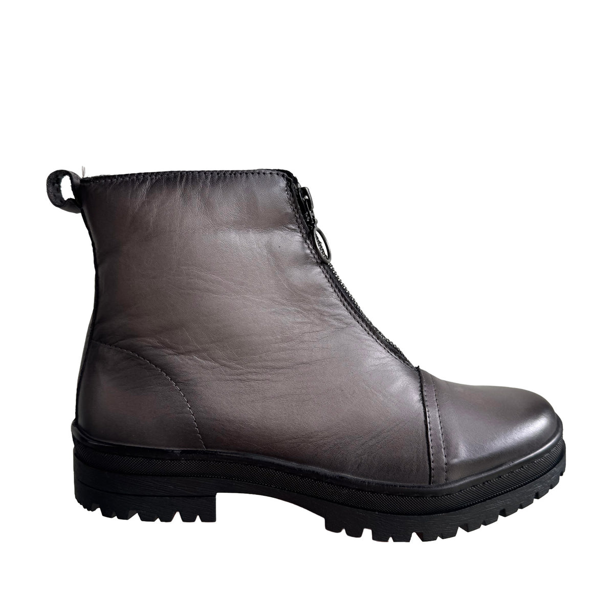 grey front-zip ankle boot with chunky lug sole on a white background